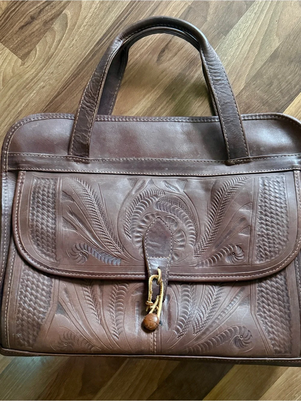 Hand-Tooled Brown Leather Briefcase Tote
